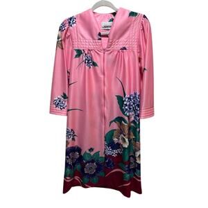Vintage LiSanne Loungewear Housecoat Robe Kaftan Caftan Zipper Pink Floral Small
